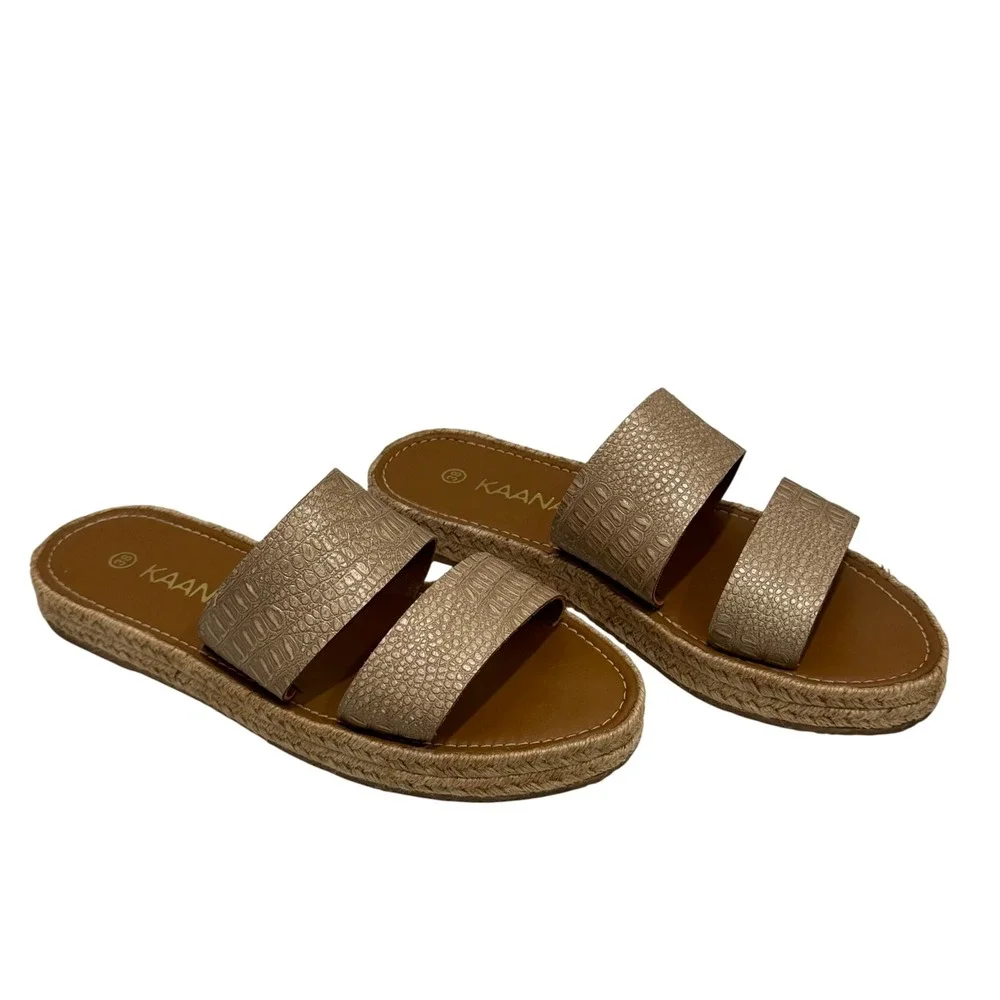 Kaanas Gold Croc Embossed Espadrille Slides Womens 38 Platform‎ Sandals